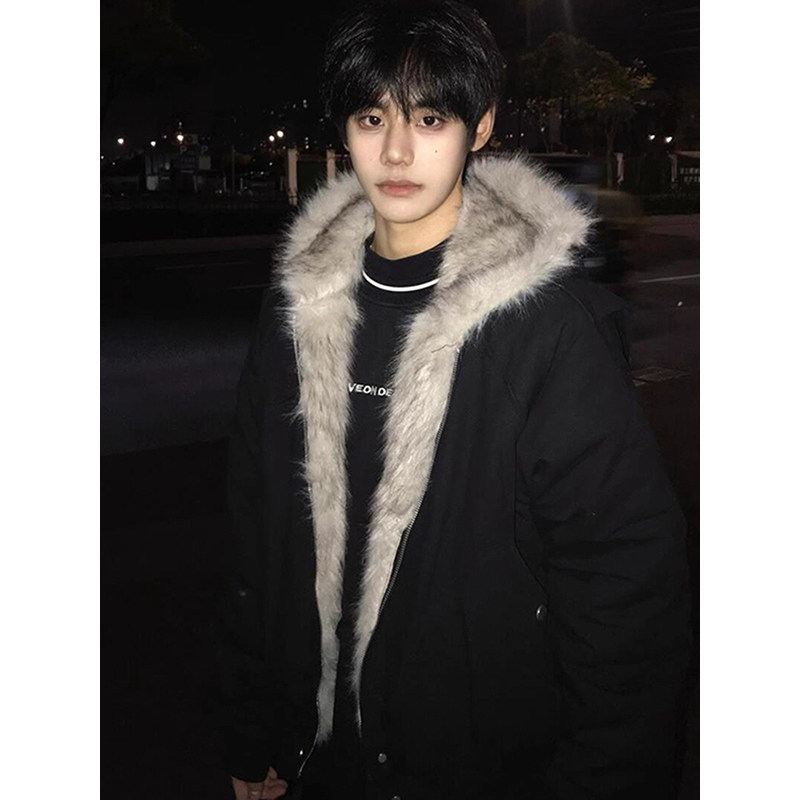 黑色狼王座山雕外套棉服男款冬季短款高级感痞帅美式毛领连帽棉衣