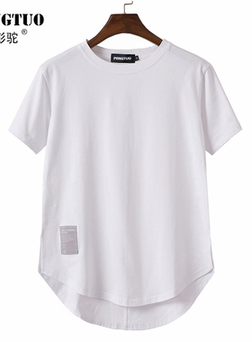 潮牌内搭圆弧形下摆前短后长白色短袖T恤打底衫男宽松叠穿开叉款t