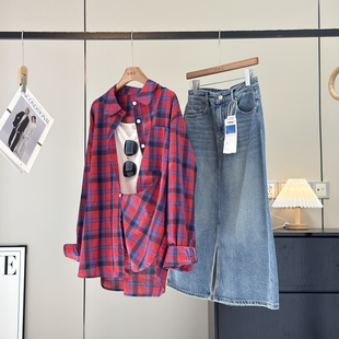 早秋宽松随性色织竹节纹防晒衬衣 row风 高级红色格纹衬衫 100棉