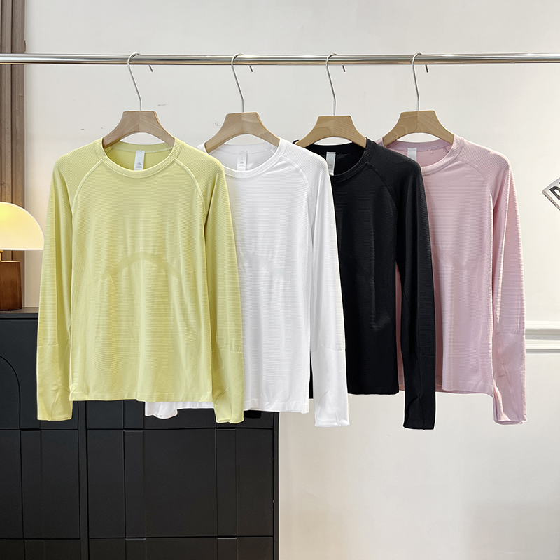 大厂订单！无缝针织弹力长袖瑜伽服上衣圆领健身跑步运动速干T恤