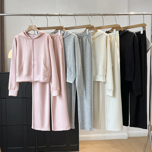 呼吸感韩系套装~空气层连帽宽松短款卫衣外套阔腿裤运动两件套女