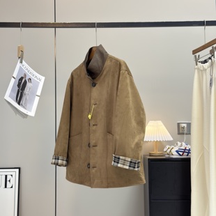 潮流巴恩风!麂皮格纹正反两面穿拼皮领短风衣 宽松廓形夹克外套