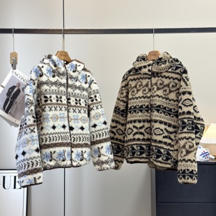 渠道好货 宽松慵懒加厚保暖费尔岛仿羊羔绒复古摇粒绒连帽外套冬