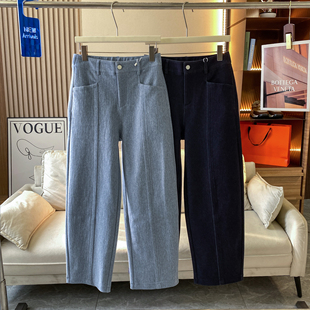 女 秋冬牛仔裤 渠道好货 简约百搭四面弹复古高腰羊毛混纺弯刀裤