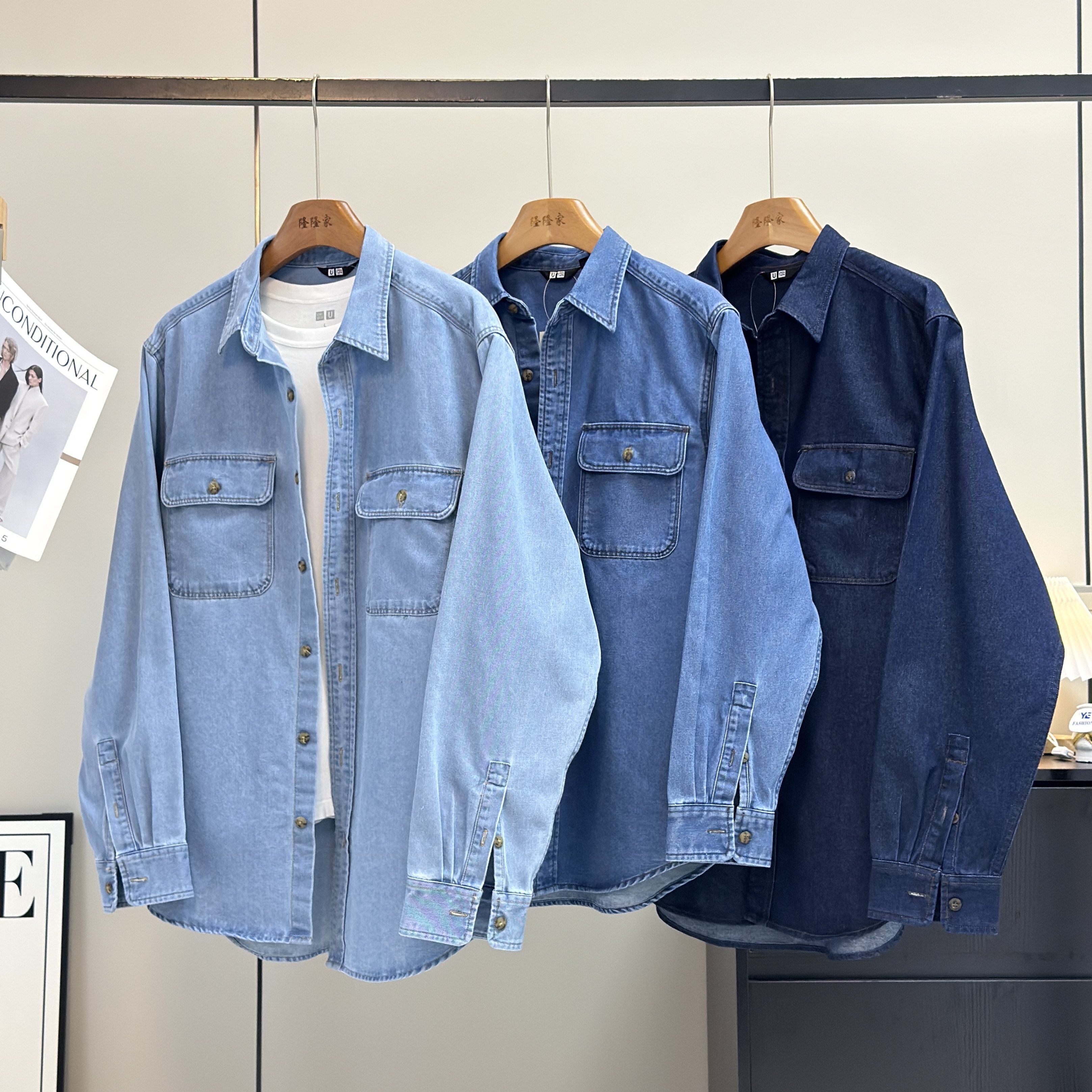 大厂订单！美式复古男女情侣款工装多口袋翻领宽松长袖牛仔衬衫春,女装/女士精品,衬衫,淘宝优惠券,粉丝福利购,淘宝优惠卷