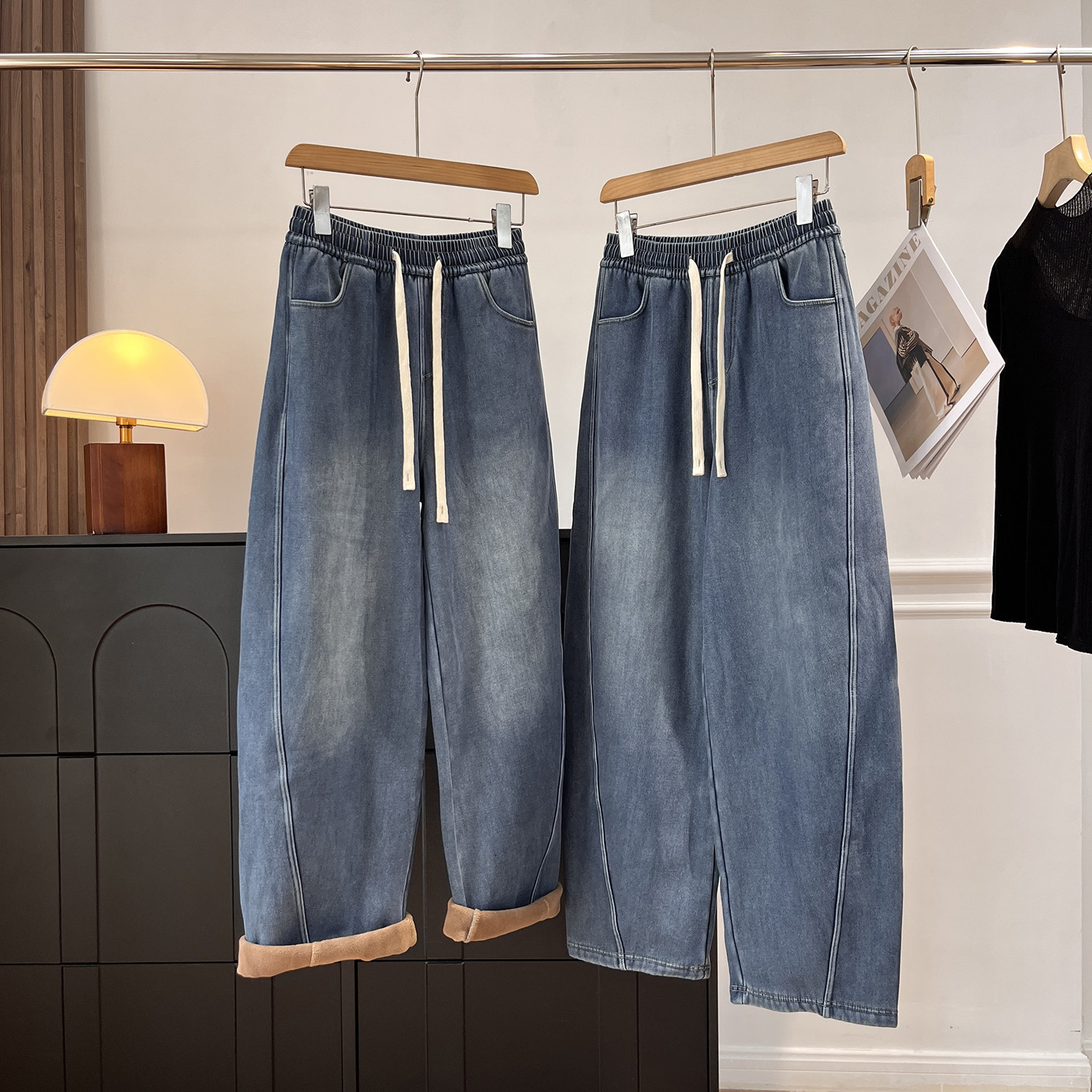 大厂订单！800克天丝牛仔香蕉裤 秋冬保暖奥利绒加厚莱赛尔弯刀裤