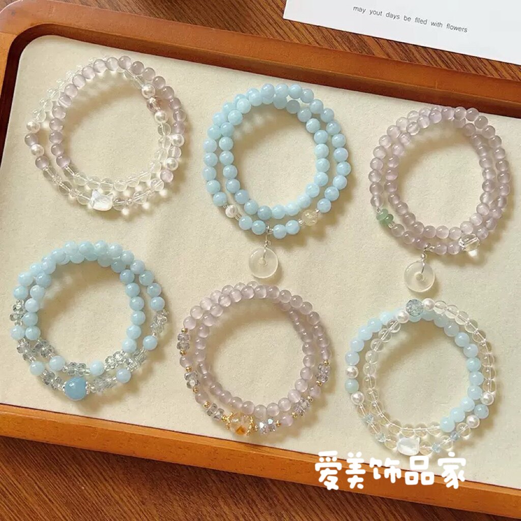爱美饰品家新款双圈猫眼石玉髓平安扣手串女弹力串珠双圈手链手串
