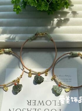 爱美饰品家天然和田玉葫芦双面雕刻牛皮绳手链纯手工编织原创手绳
