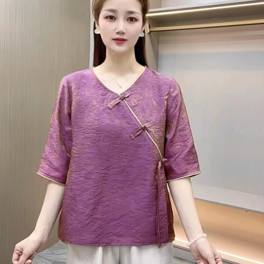 新中式国潮风时尚气质小衫女中年2025夏季新款盘扣斜襟大码上衣