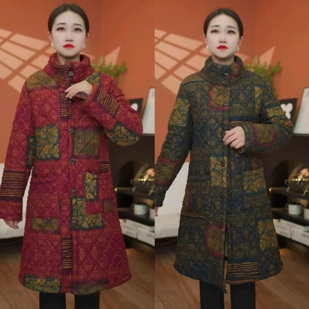 中老年妈妈冬款加绒印花棉服气质大码加厚保暖中长款棉衣外套女