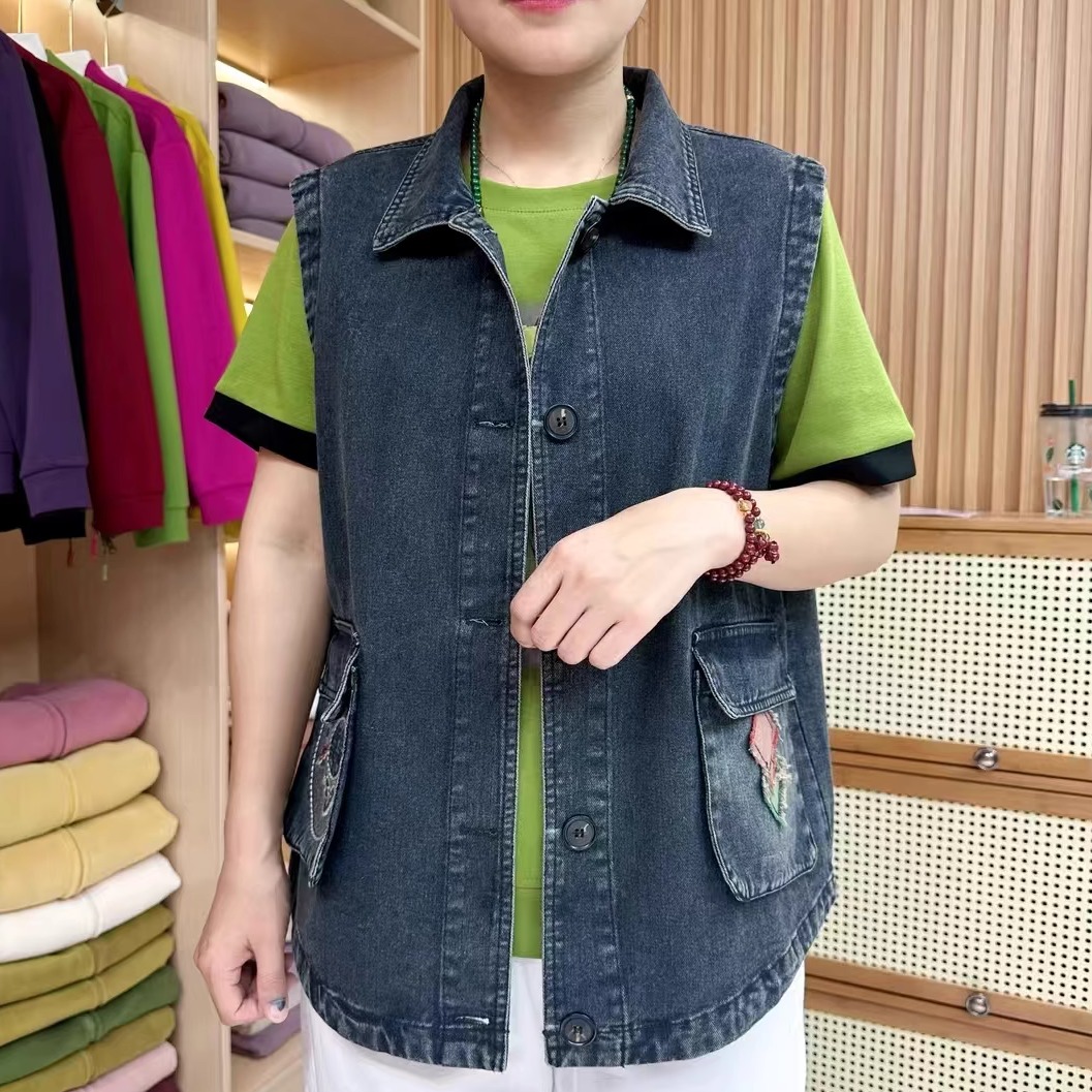 牛仔短款马甲女春夏季翻领马夹外穿上衣中老年妈妈装复古坎肩外套
