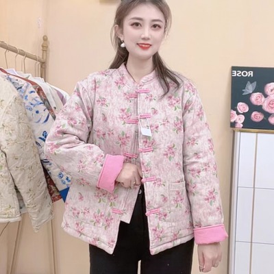 冬季中式国风加厚民族风棉衣复古妈妈装保暖盘扣碎花棉袄外套女
