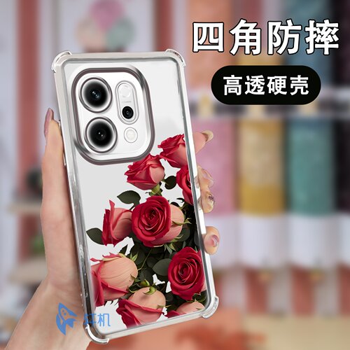 红玫瑰适用opporeno14透明手机壳电镀金属漆PLA110亚力克硬壳四角防摔