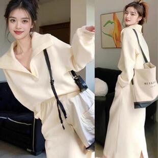 韩版 高级感气质两件套潮 气质遮肉显瘦宽松拼接休闲卫衣半身裙新款