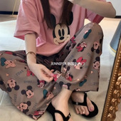两件套女 长裤 短袖 甜美可爱家居服宽松个性 小众简约印花睡衣女新款