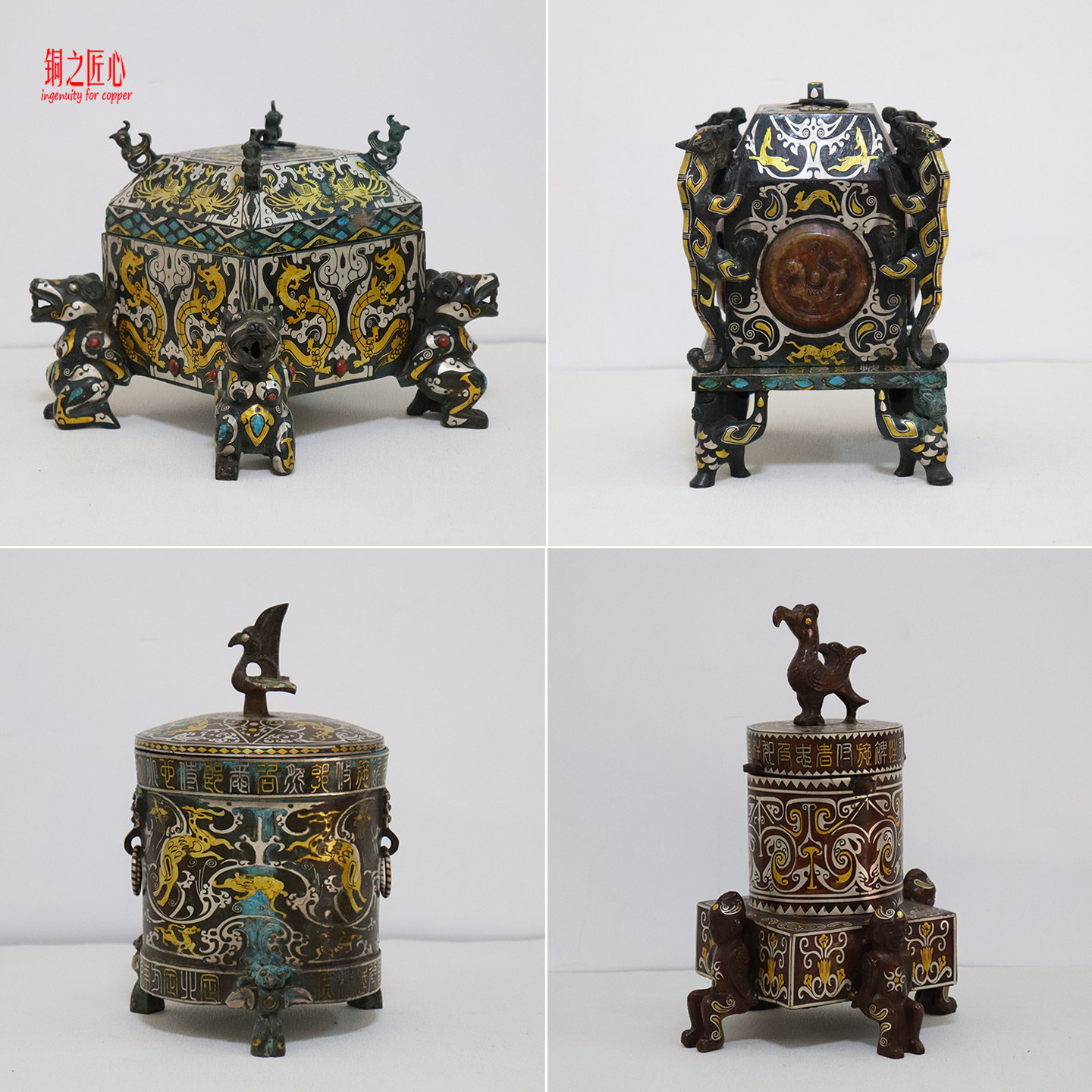 青铜错金银熊足方酒樽立鸟人足方座筒形器茶叶罐印章方盒奁酒礼器,家居饰品,装饰摆件,淘宝优惠券,粉丝福利购,淘宝优惠卷