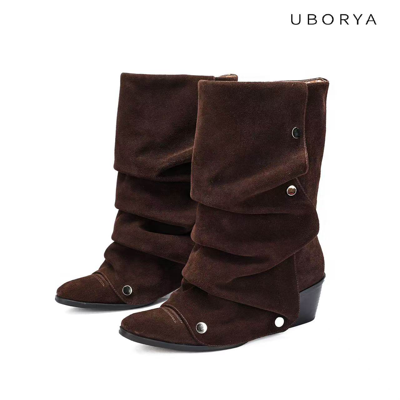 UBORYA原创布朗尼面包片麂皮绒手工褶皱百搭休闲棕色西部中筒靴