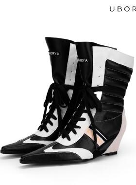 UBORYA设计师原创barn巴恩尖头西部复古骑士风坡跟熊猫色时装短靴