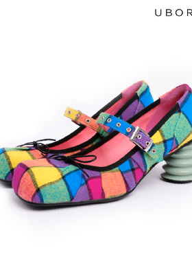 UBORYA设计师原创/天鹅湖畔/方头粗跟中跟玛丽珍单鞋复古撞色芭蕾