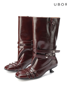 UBORYA设计师原创真皮低跟舒适圆头棕红色百搭乐福阔筒女靴