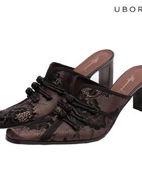 黄圣依刘雯同款/新中式•贵人/丝绸旗袍包头凉拖女蕾丝性感法式