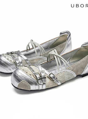 UBORYA女鞋单鞋新款浅口平底真皮时尚玛丽珍夏季银色圆头一脚蹬