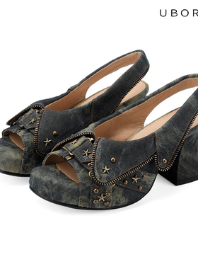 UBORYA设计师原创/漫画少女朋克梦核牛仔废土Y2K鱼嘴高跟女凉鞋