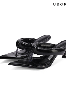 舒适油蜡牛皮黑色辣妹小众百搭尖头爱心异型跟人字拖