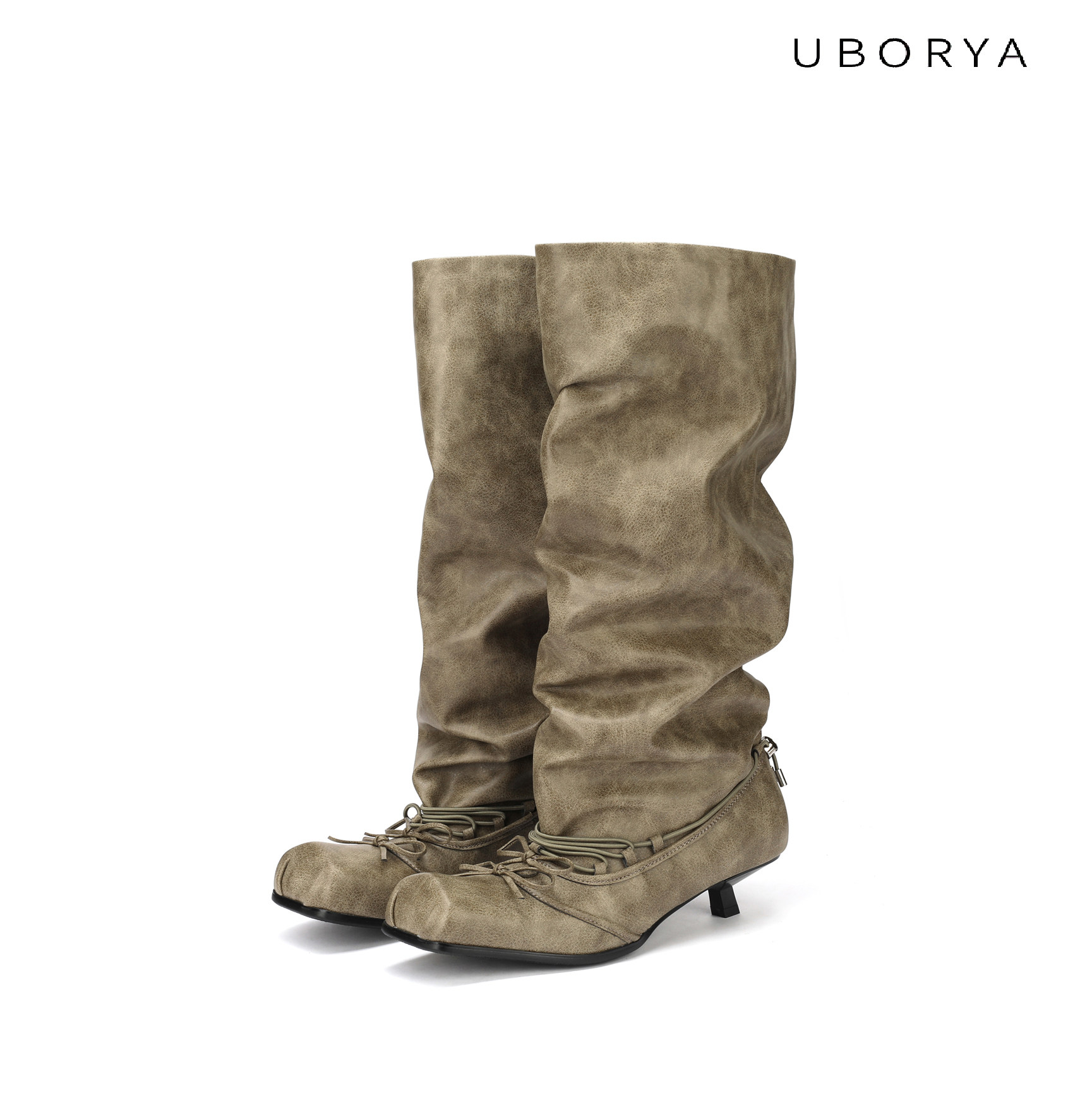 UBORYA设计师原创爆裂纹方头真皮带复古女低跟舒适绑带芭蕾堆堆靴,女鞋,时装靴,淘宝优惠券,粉丝福利购,淘宝优惠卷