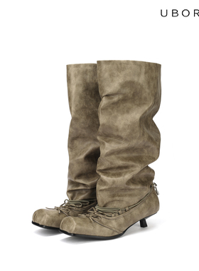 UBORYA设计师原创爆裂纹方头真皮带复古女低跟舒适绑带芭蕾堆堆靴