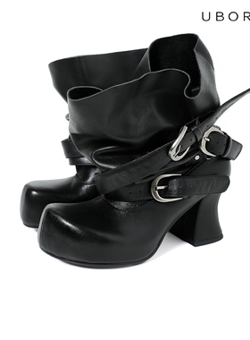 UBORYA原创漫画少女/秋日漫步质感牛皮黑色圆头阔腿中筒靴