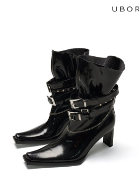 许飞同款UBORYA松紧宽口皱柒百搭链条绑带高跟异型中古短靴