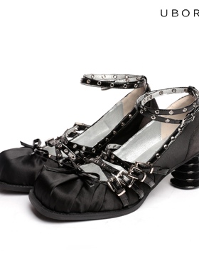 UBORYA设计师原创/歌声•夜幕/方头粗跟中跟玛丽珍单鞋绑带芭蕾