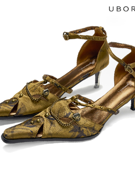 UBORYA高跟鞋女夏季新款牛筋软底尖头真皮金色气质时尚高级配裙子