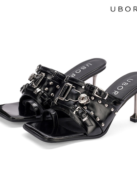 UBORYA朋克辣妹细高跟外穿镂空金属配裙子懒人一字重工高跟凉拖鞋