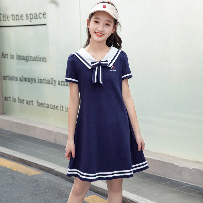儿童裙子2025新款夏季学院风海军领短袖连衣裙女学生韩版中长裙子