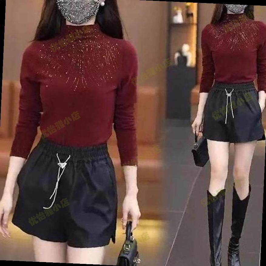 半高领长袖打底衫女秋冬2025新款枣红色上衣高级感烫钻修身打底衣