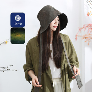 饮水鸟草木染100%汉麻渔夫帽女飘带夏季薄款透气防晒可折叠文艺帽