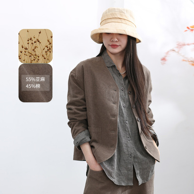 优雅老钱风亚麻棉V领牛仔短外套