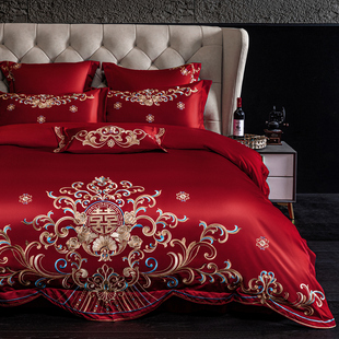 新中式 婚庆四件套大红100S长绒棉被套床笠纯棉结婚房陪嫁床上用品