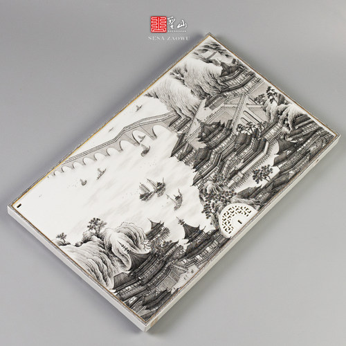 圣山高端墨彩《大明宫词》手绘山水楼阁茶具茶盘大号干湿茶盘茶台