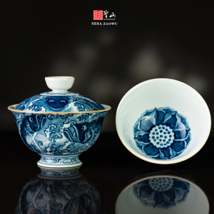 圣山仿元设计手绘青花五福临门贵鱼陶瓷盖碗茶具手工陶瓷盖碗