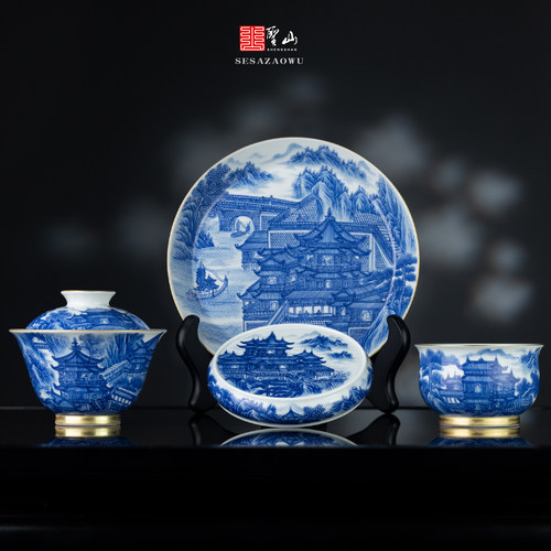 圣山手绘青花《明宫图》陶瓷盖碗茶杯景德镇手工陶瓷茶具泡茶盖碗