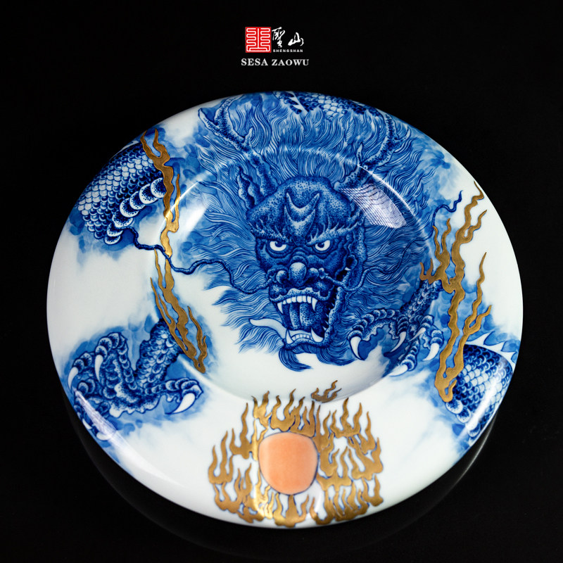 青花描金霸龙戏珠雪茄缸