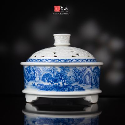 圣山景德镇手绘青花镂空《江南春景》陶瓷香炉摆件桌面香炉摆件