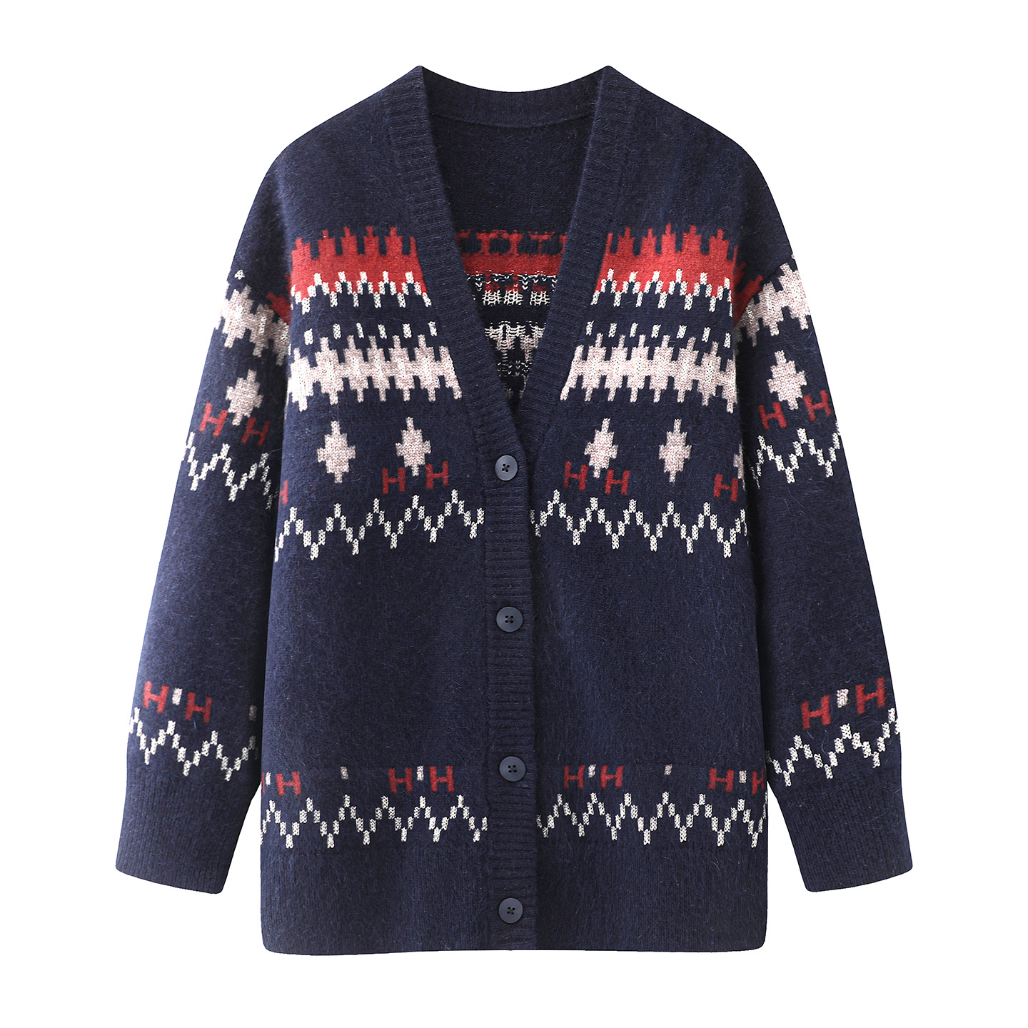 2025冬季设计师款轻奢风百搭宽松显瘦V领提花针织开衫毛衣外套女