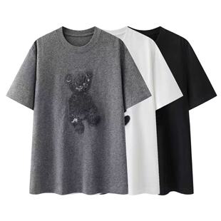 2026夏季设计师高定女装立体拉毛小熊图案圆领短袖T恤宽松纯上衣