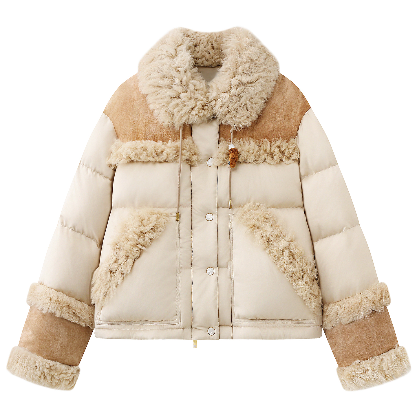 2025冬季设计师款轻奢风小众女装复古皮拼接面包白鸭绒翻领羽绒服