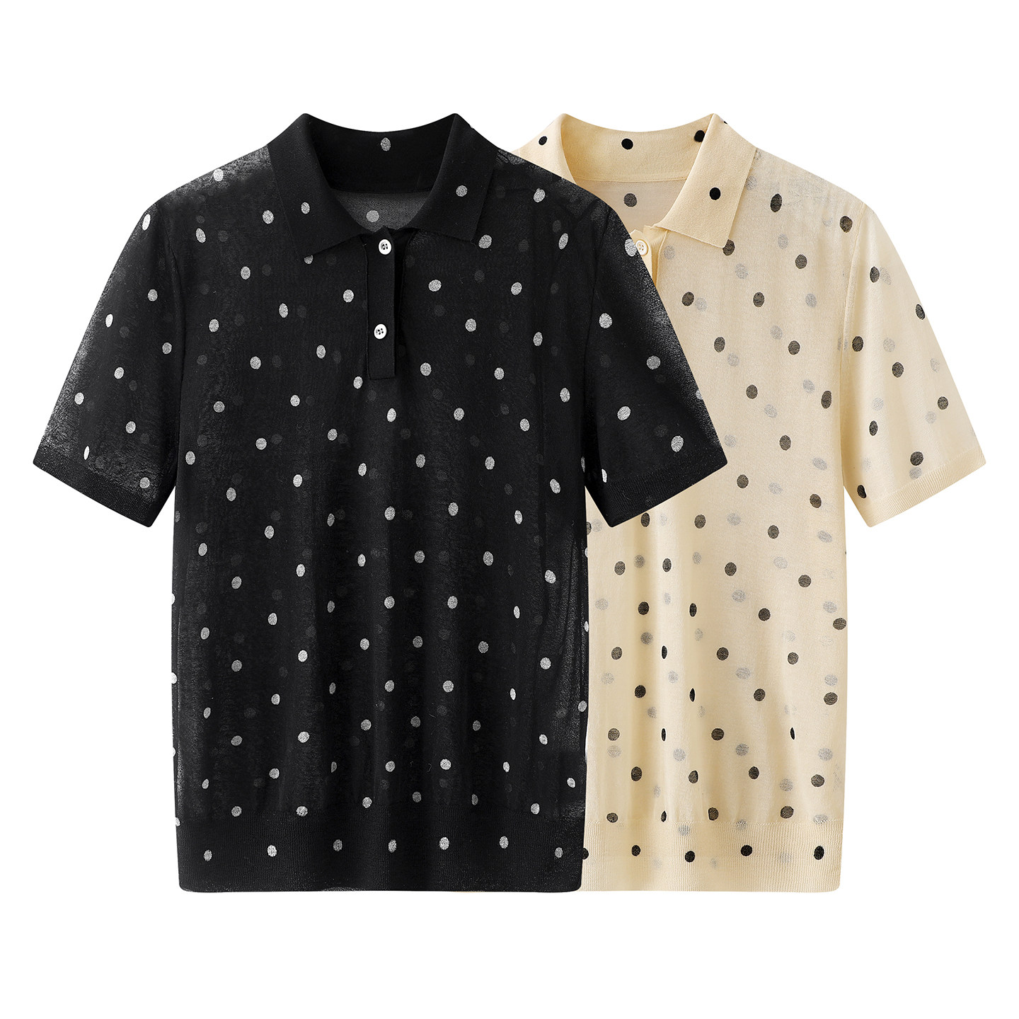 2026春装新款时尚波点印花薄款POLO领短袖针织衫T恤短款上衣女潮