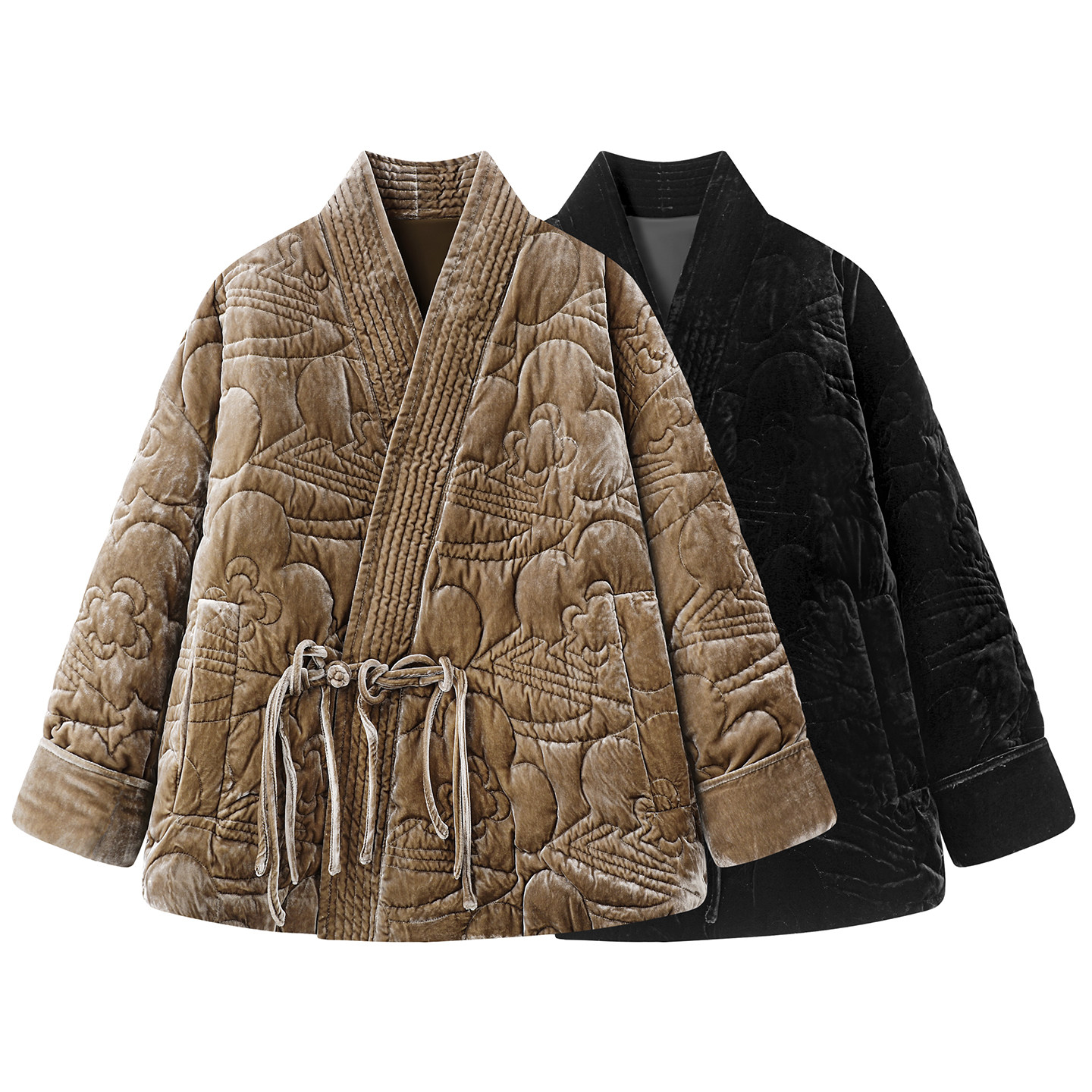 2025冬季设计师款新中式国风复古气质宽松花朵压痕盘扣丝绒羽绒服